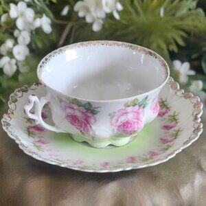Antique MZ Austria Pink Rose Teacup and Saucer w/ Heart Shaped Handle Gold Trim